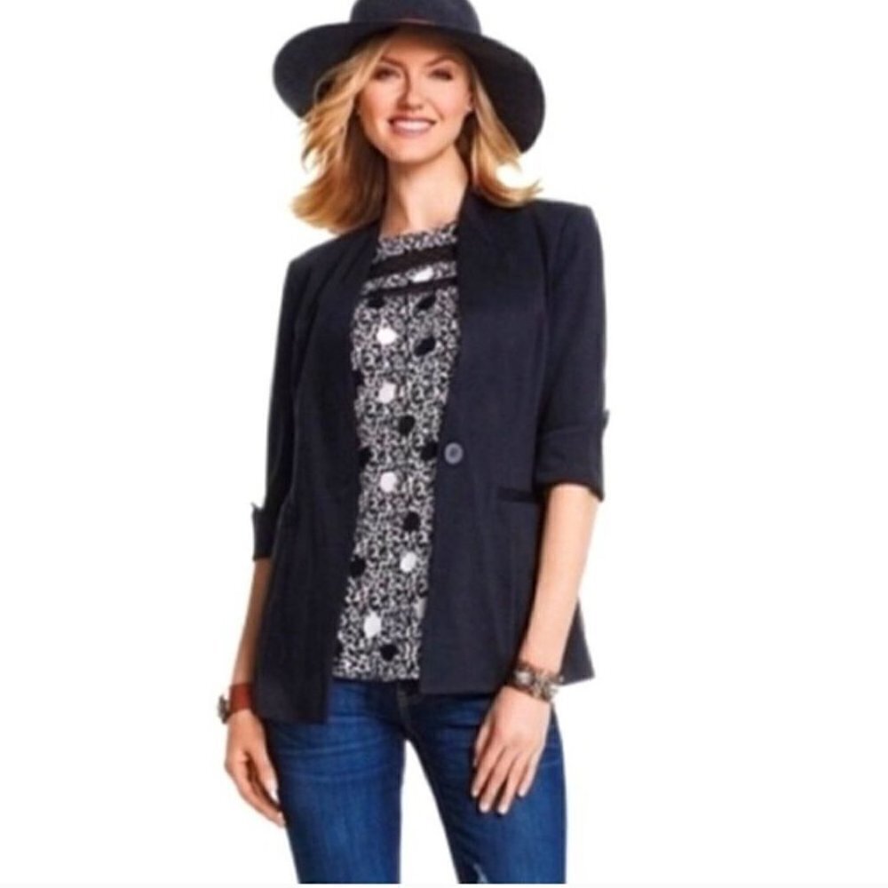 Cabi Turner Ponte Knit Collarless Blazer Black 3/4 Sleeve Size 2